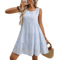 Women's light blue sleeveless plaid dress with an oversized swing skirt and high waist on a mannequin.