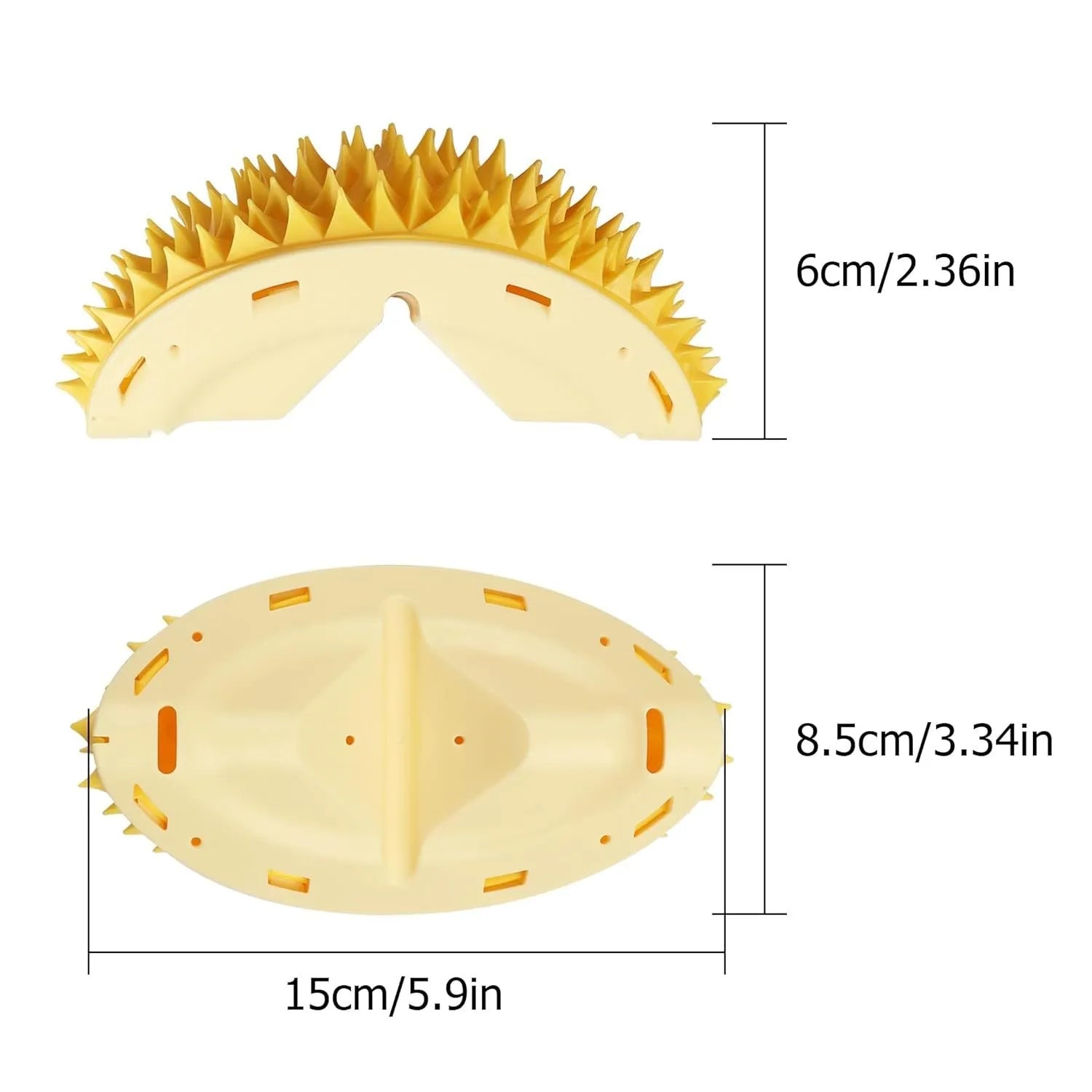 Yellow durian-shaped cat corner scratcher with massage comb texture mounted on a wall.