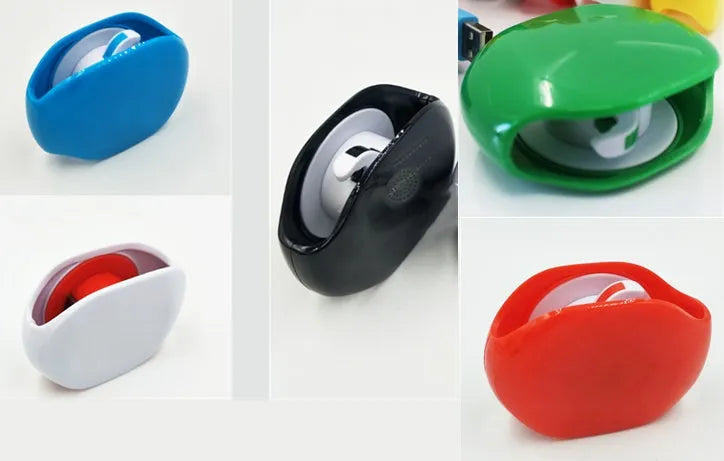 Automatic earphone cable winder retractor in assorted colours on a white background.