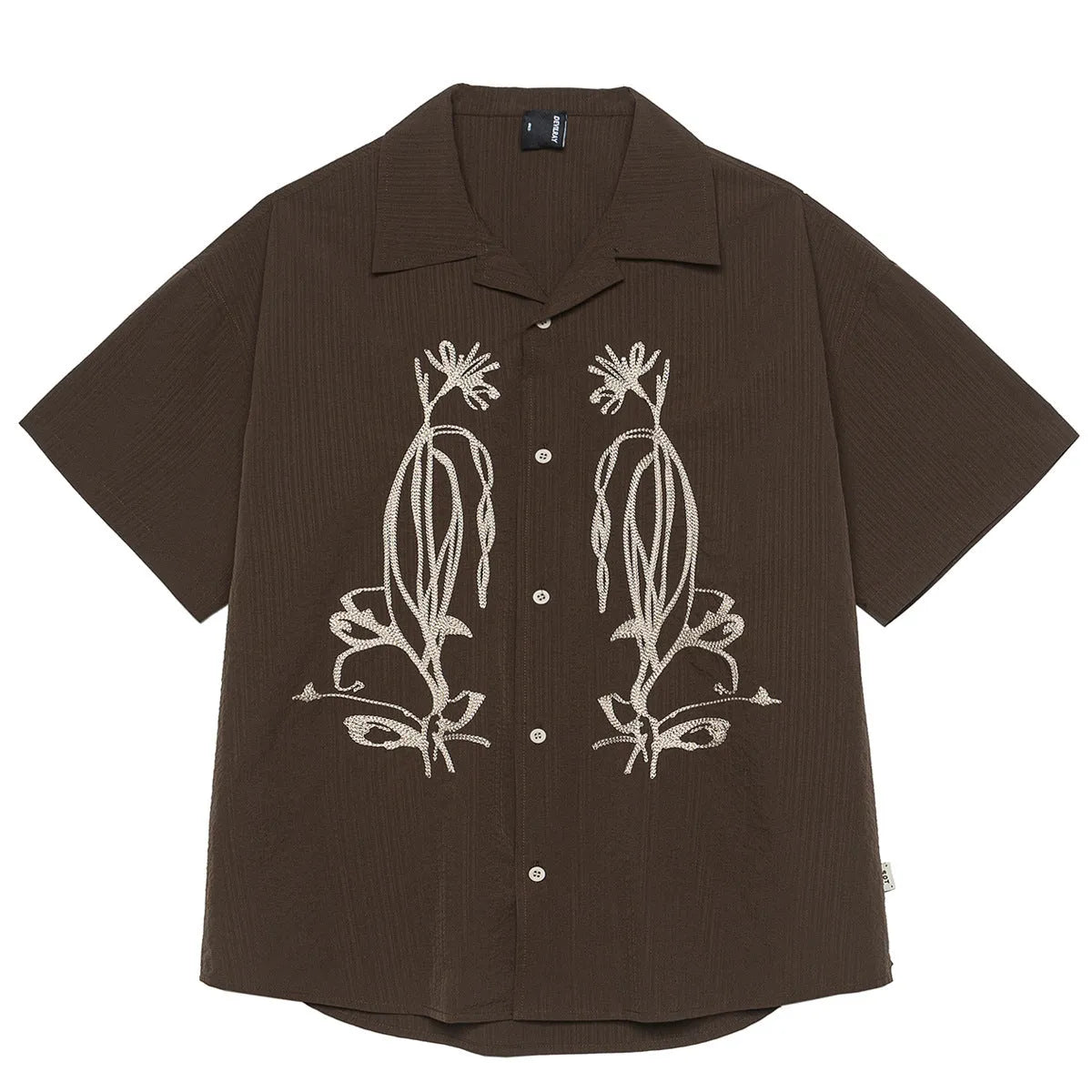 Brown striped outdoor shirt with Cuban collar and short sleeves for camping