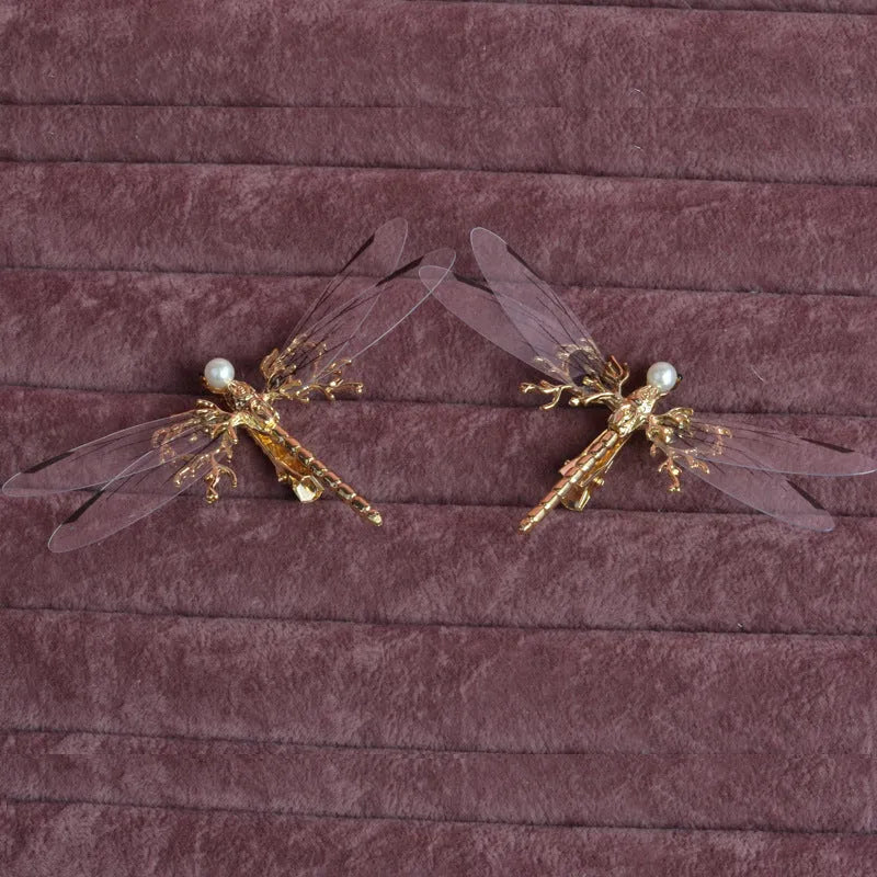 Golden dragonfly side clip headdress hair accessory with electroplated alloy construction