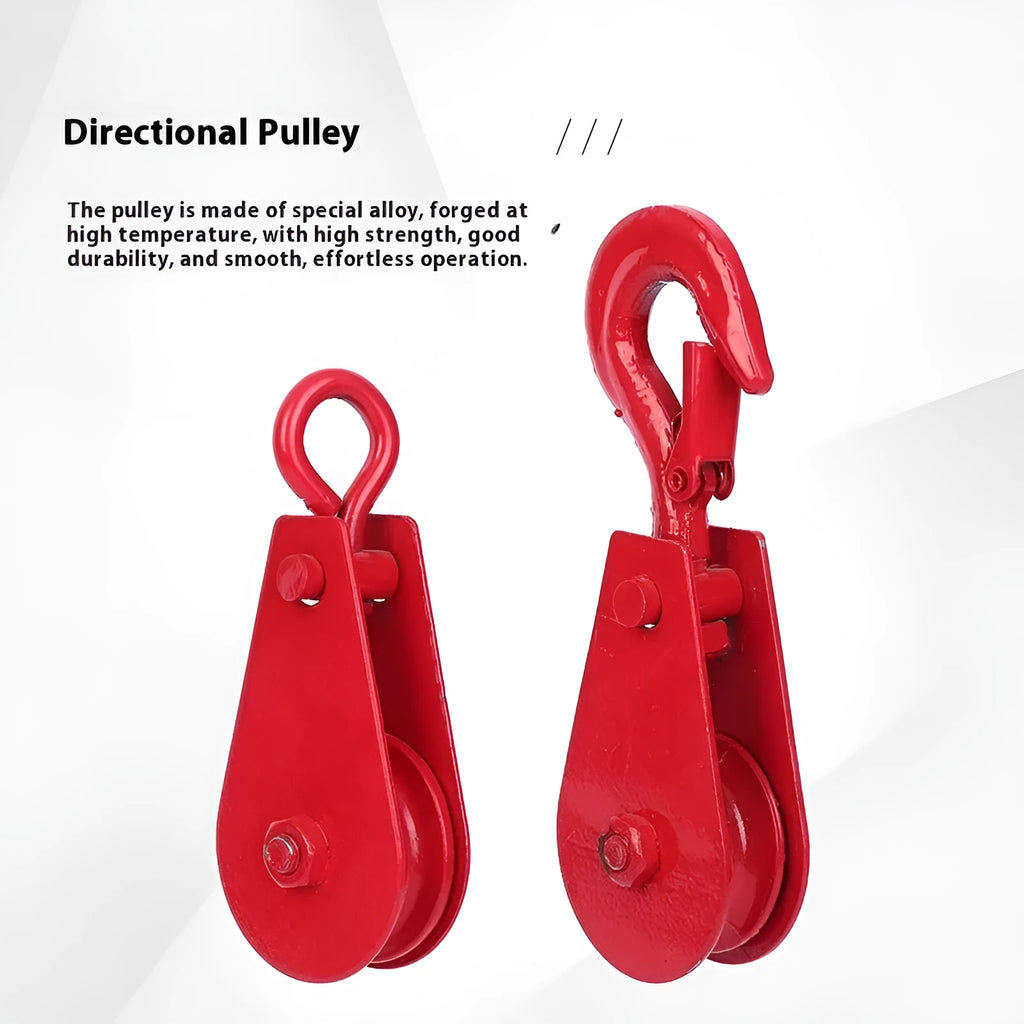 Red industrial lifting pulley with a forged steel hook and safety latch.