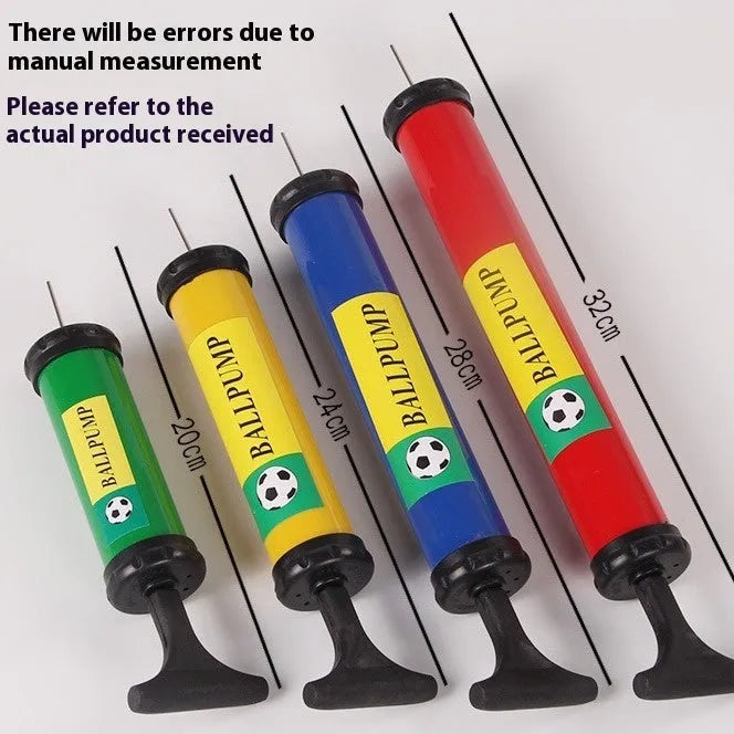 Plastic manual hand pump for inflating sports balls and balloons, shown in mixed colour.