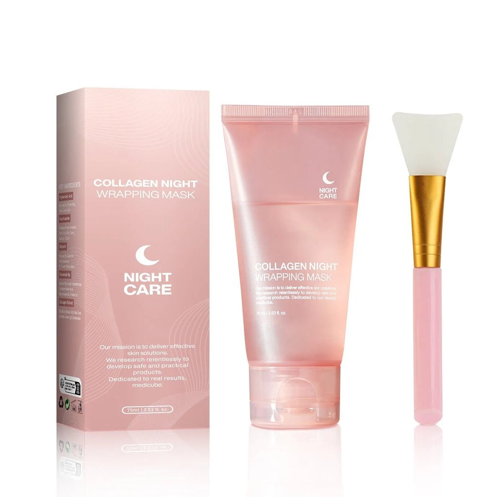 Collagen night face mask in 75ml bottle with application brush for firming and hydration