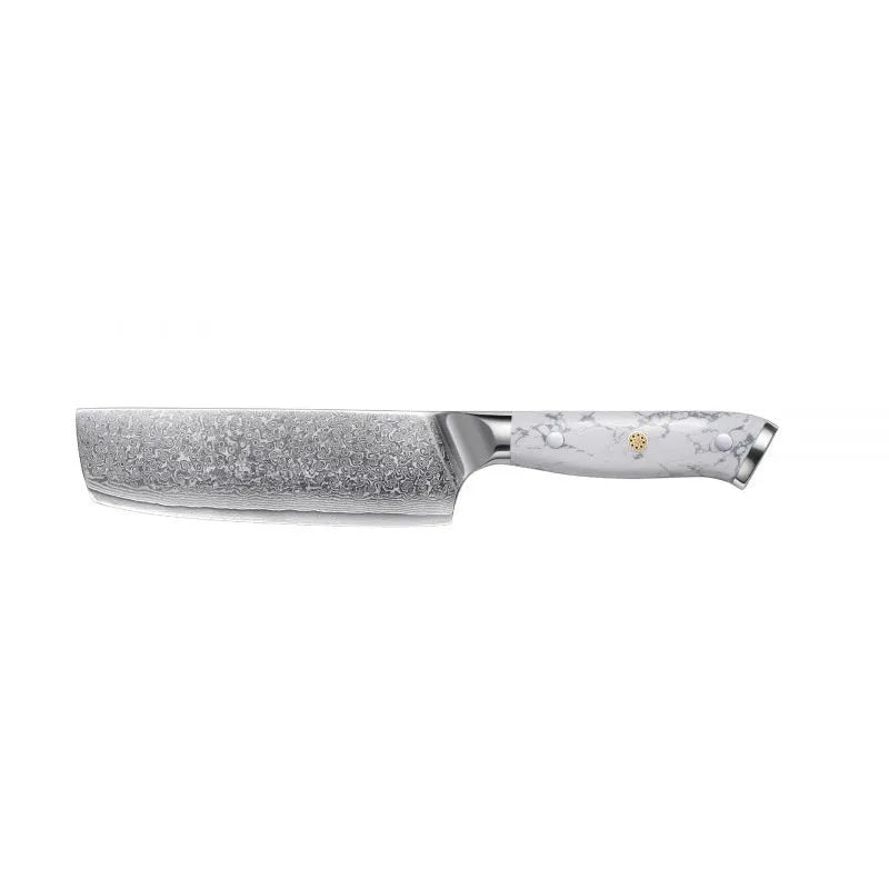 Damascus pattern chef's knife with a 21cm VG10 steel blade on a dark background.
