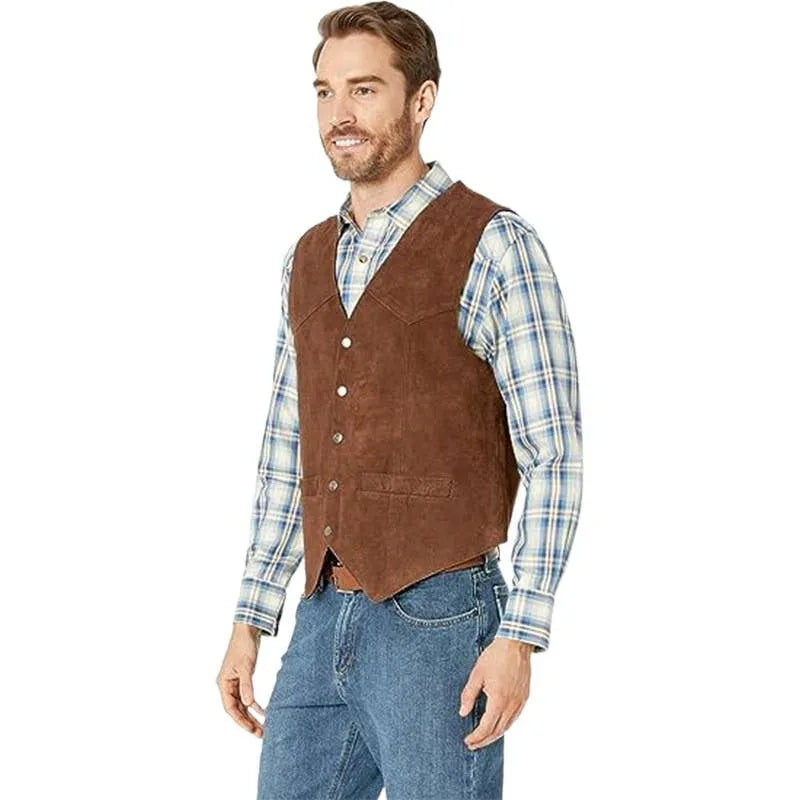 Men's single-breasted slim fit vest in solid black, brown, light brown or grey, sizes M to 3XL, with stick pocket and round hem
