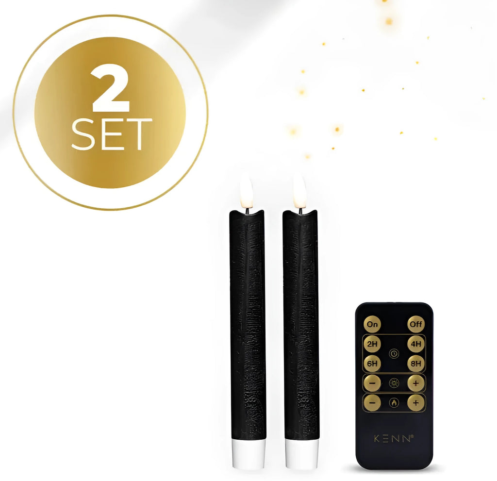 Black LED taper candle with realistic 3D flame effect, measuring 18cm tall