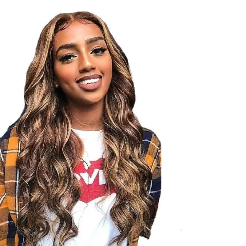 Front lace wig with African black gradient colour and big wave curls, shown with a side-swept fringe.