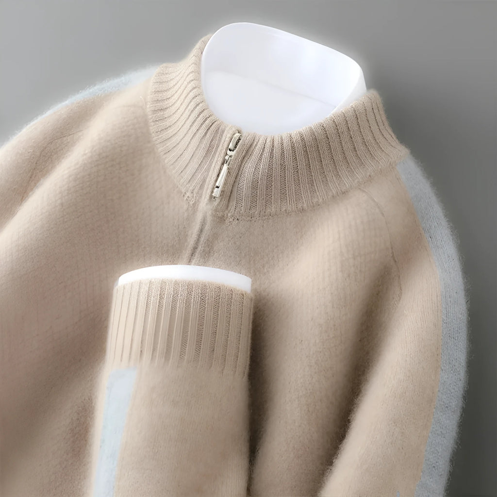 Sheep wool half-height zip round neck slim fit sweater in raw velvet camel colour