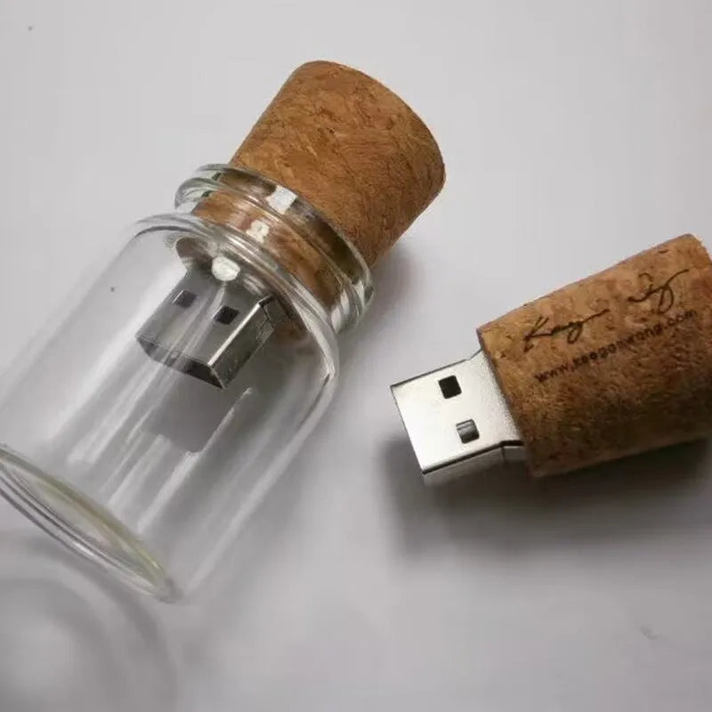 Wooden wish drift bottle USB flash drive in transparent plastic casing showing dimensions