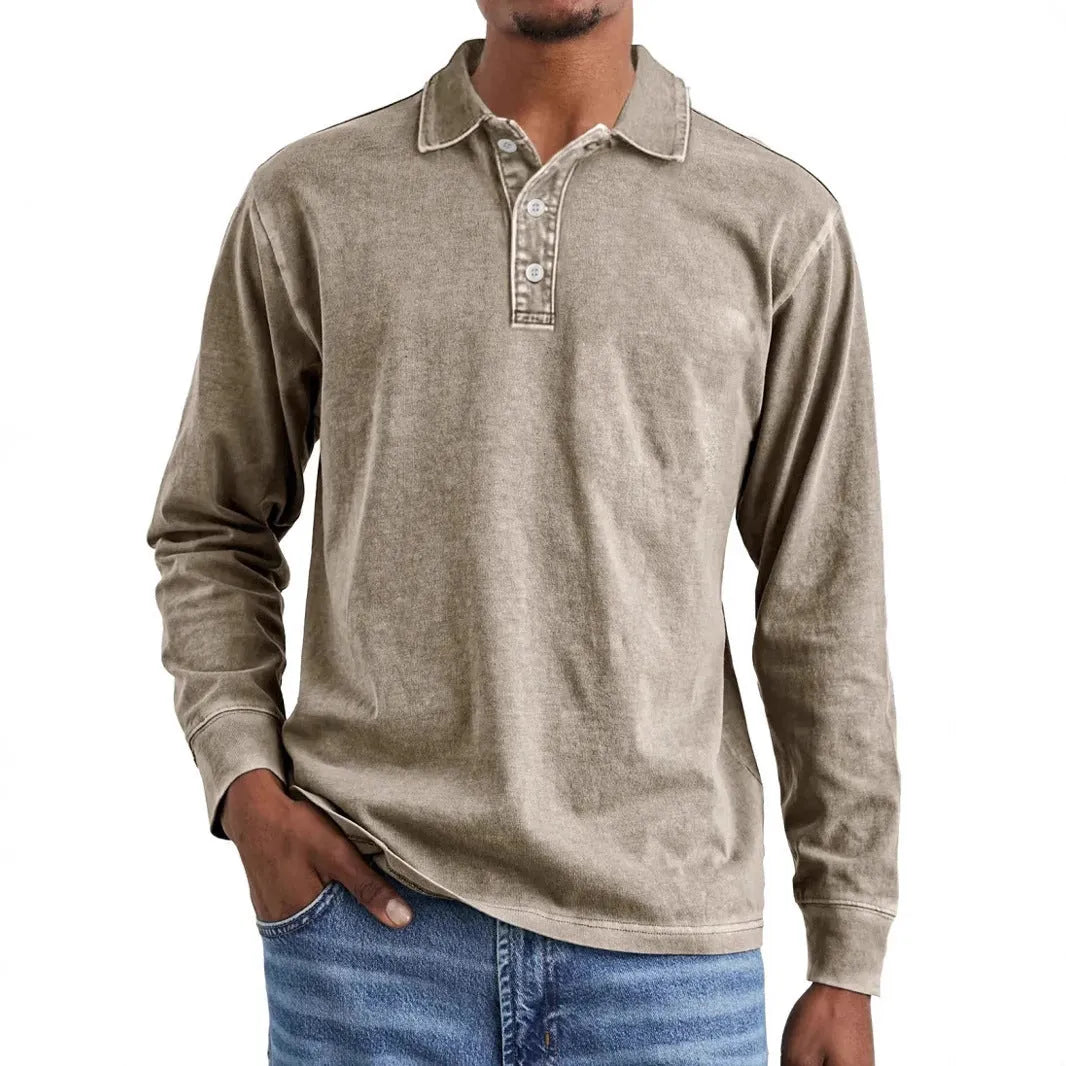 Men's retro washed distressed pure cotton long sleeve polo shirt with lapel collar in army green