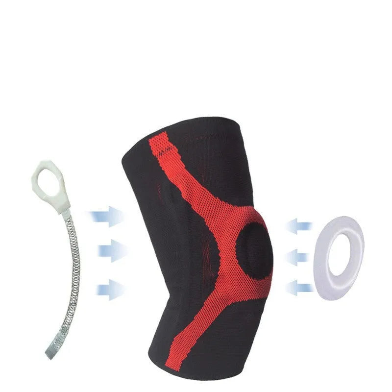 Silicone non-slip sports kneepad in grey, shown on a knee for running or climbing protection.