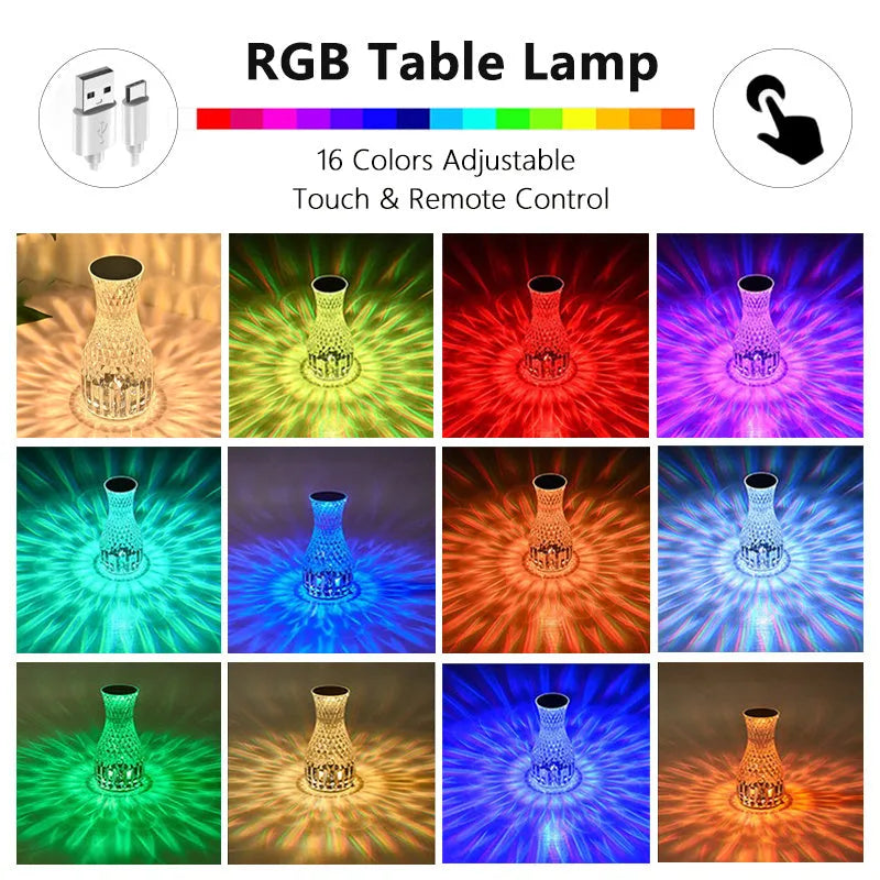 Vase-shaped crystal table lamp with LED lights and remote control on wooden bedside table