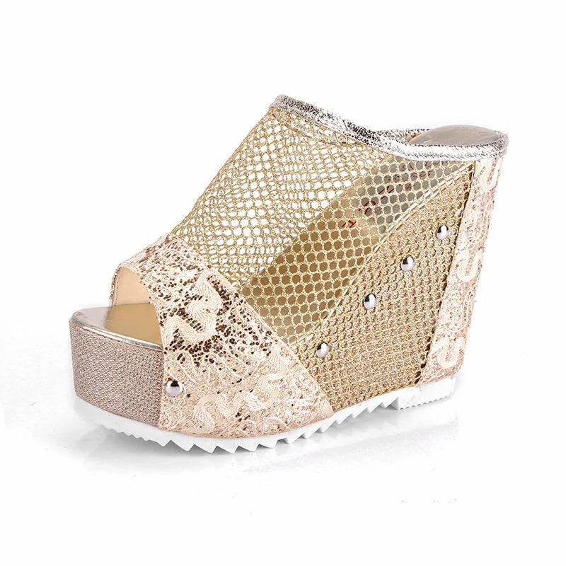 Korean style women's chunky heel platform flip-flops with hollowed-out heel and mesh upper in black.