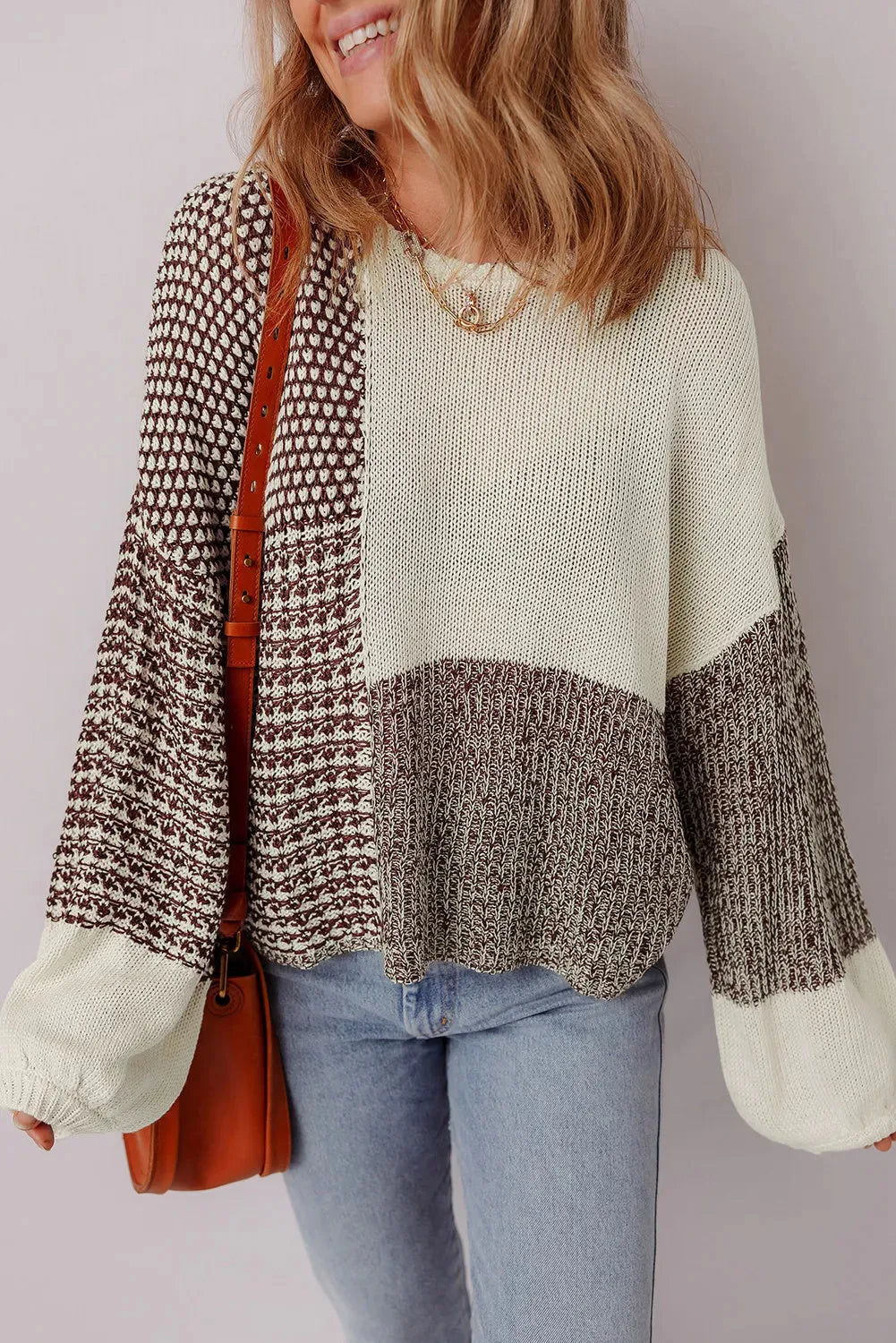 Dark khaki colour block drop shoulder loose sweater with back tie detail