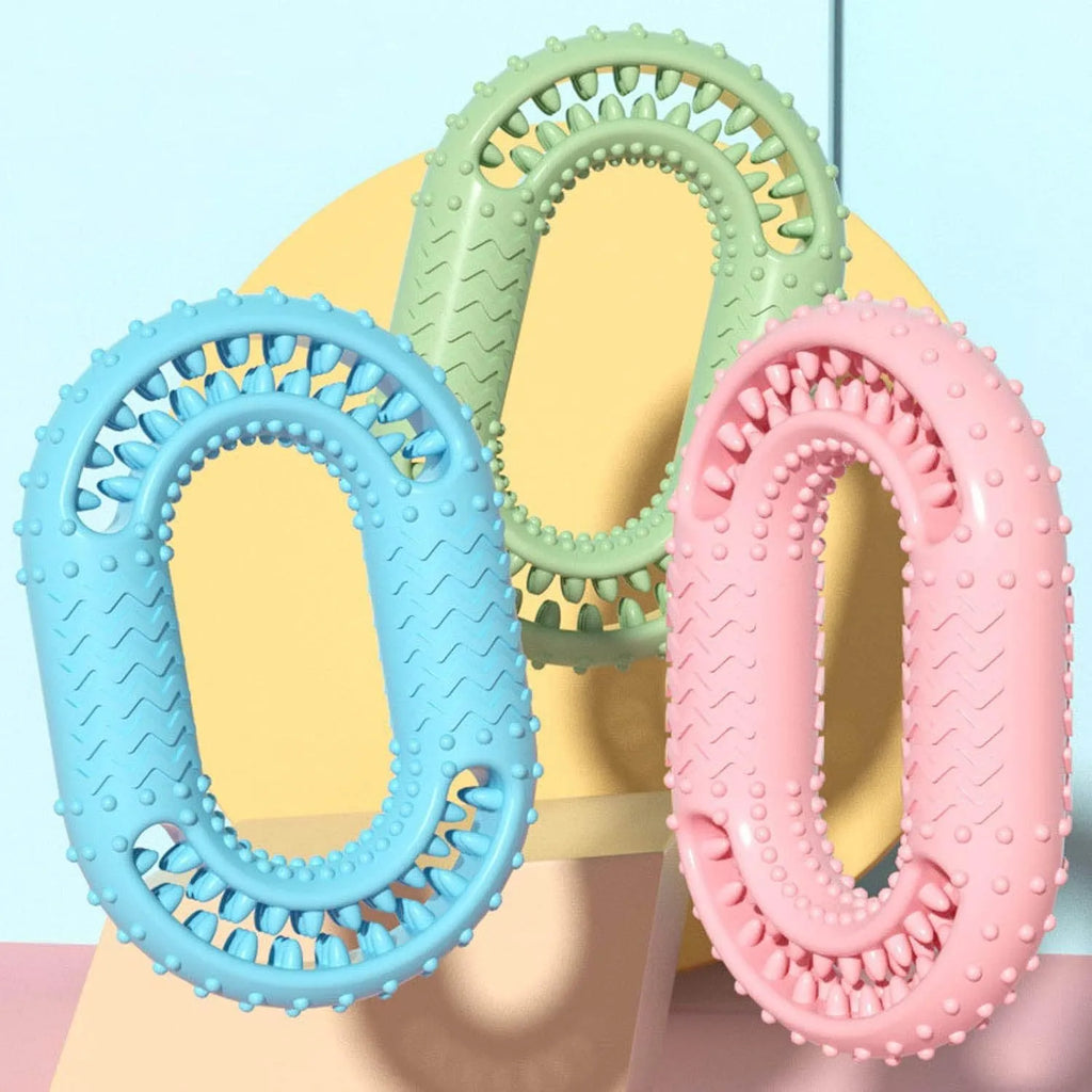 O-ring shape dog chew toy for aggressive chewers in blue, green, or pink colours