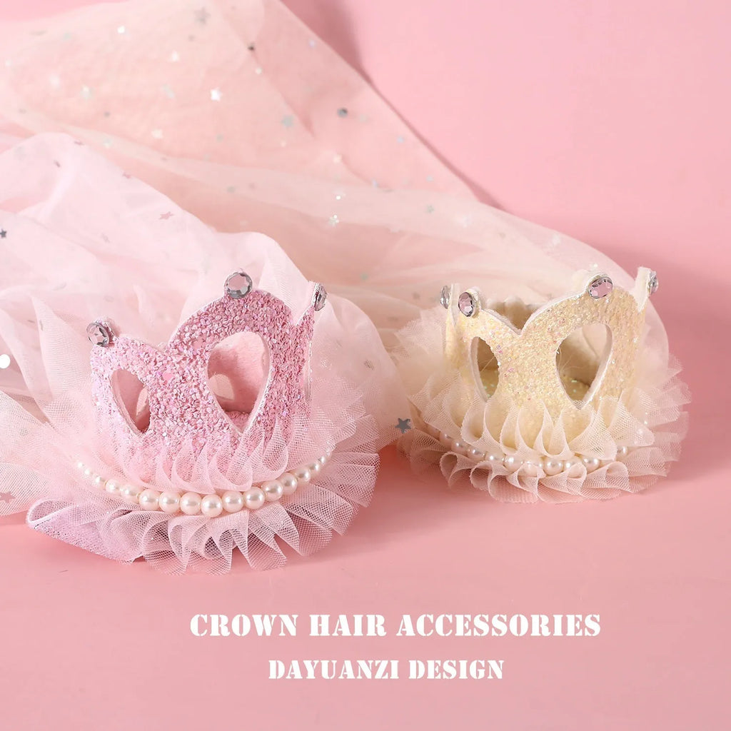 Pet wedding princess crown headdress with adjustable tie in cotton-polyester blend