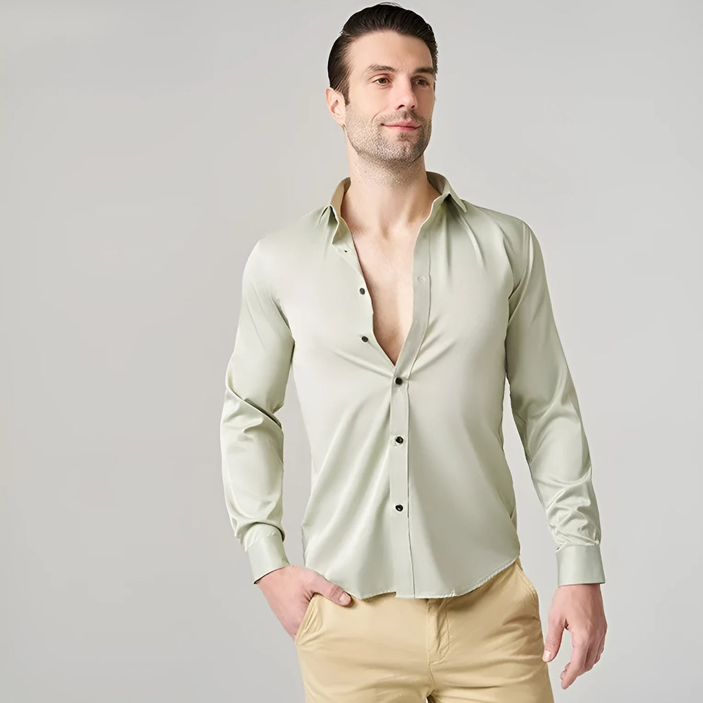 Men's stretch long sleeve work shirt in polyester fibre, showing colour options and sizing details.
