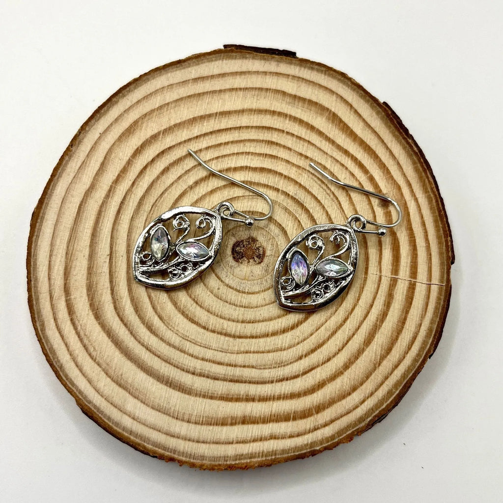 Women's silver alloy earrings with leaf designs and embedded colourful moonstones