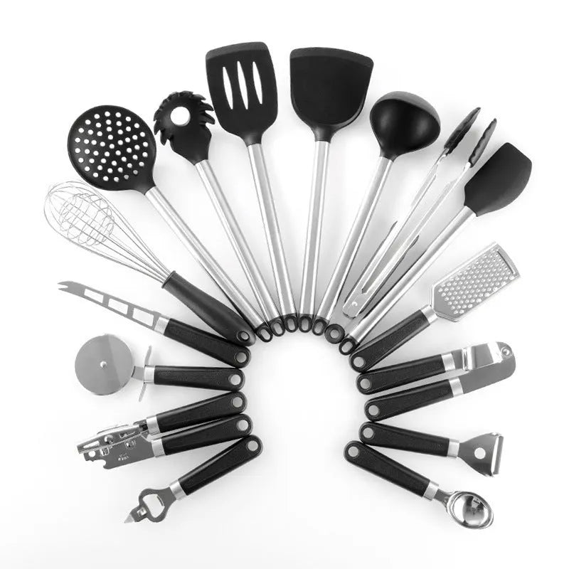 Black silicone spatula and spoon kitchen set with stainless steel handles, 16 pieces