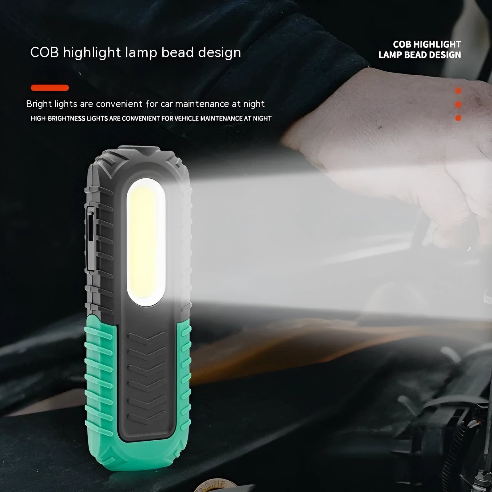 Black and green auto repair work light with USB charging cable for vehicle maintenance