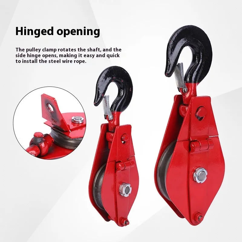 Red industrial lifting pulley with a forged steel hook and safety latch.