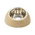 Stainless steel cat bowl with plastic base in beige, brown, and light green colour options