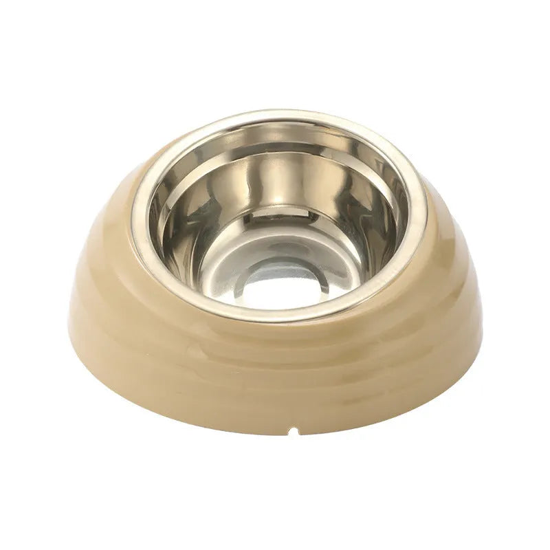 Stainless steel cat bowl with plastic base in beige, brown, and light green colour options