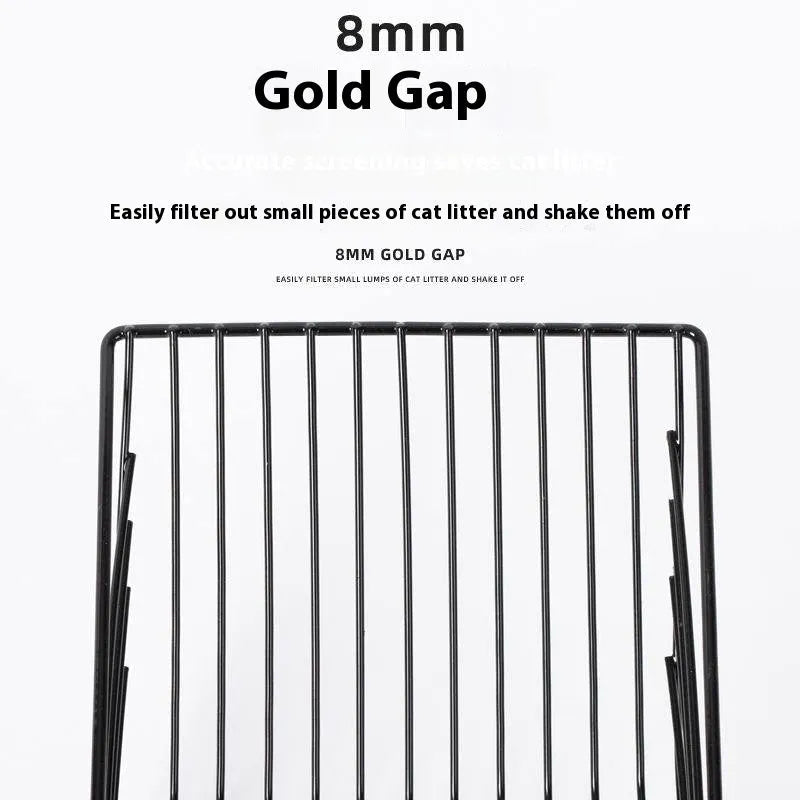 Black alloy metal cat litter scoop with narrow 0.8cm slots for sifting clumping litter.