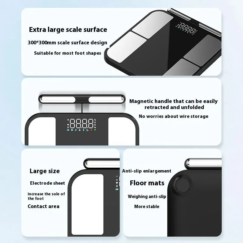 Black electronic weighing scale with tempered glass platform and colour screen displaying body fat percentage.