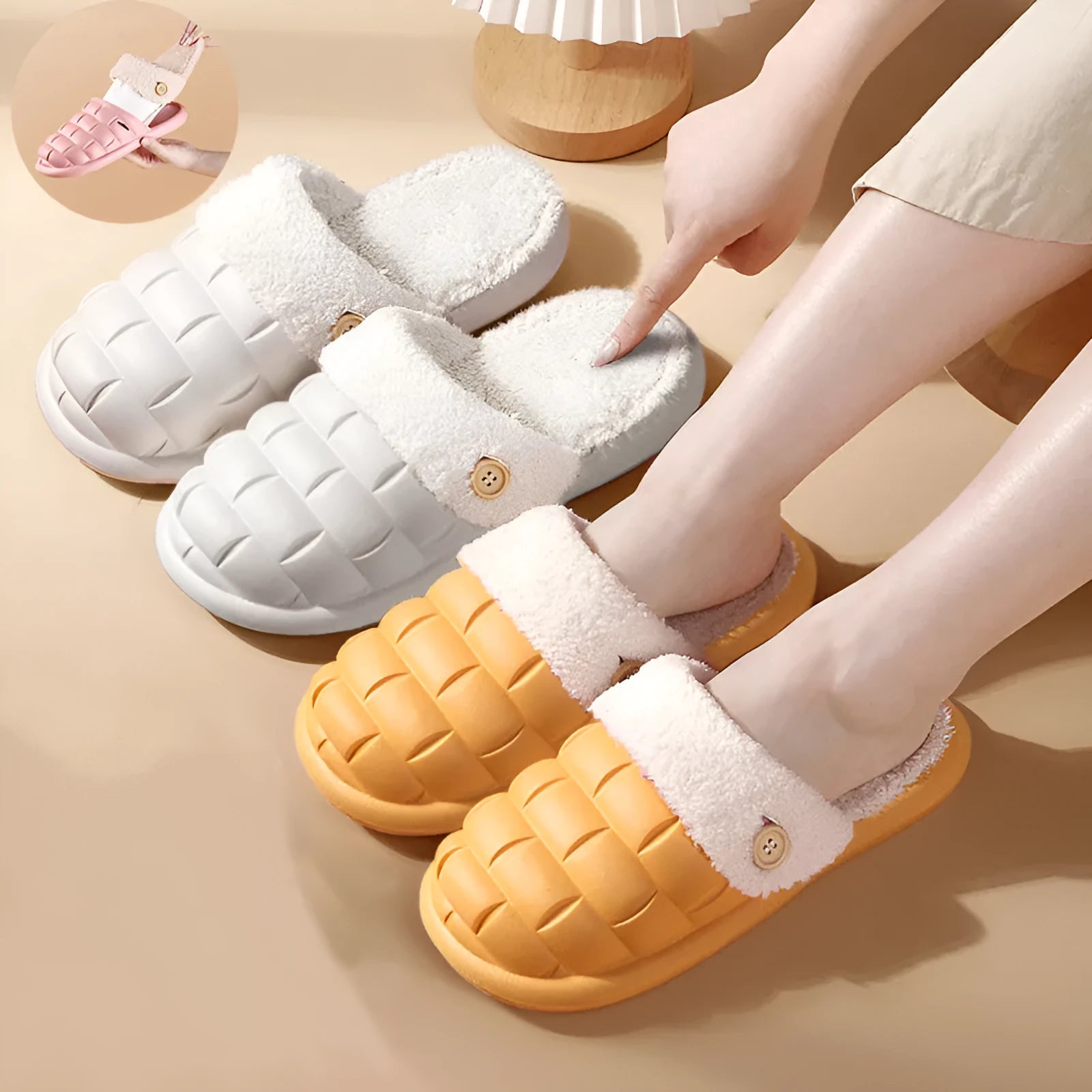 Pink and grey detachable EVA slippers with plush lining and a textured non-slip sole.