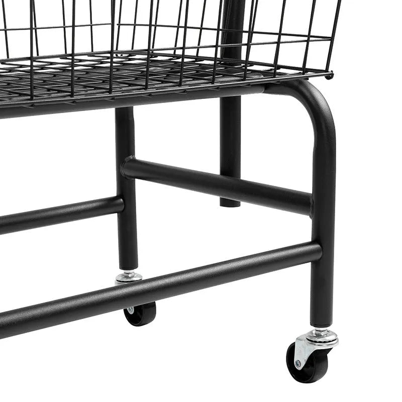 White single rod iron pulley storage car on wheels holding clothes hangers.