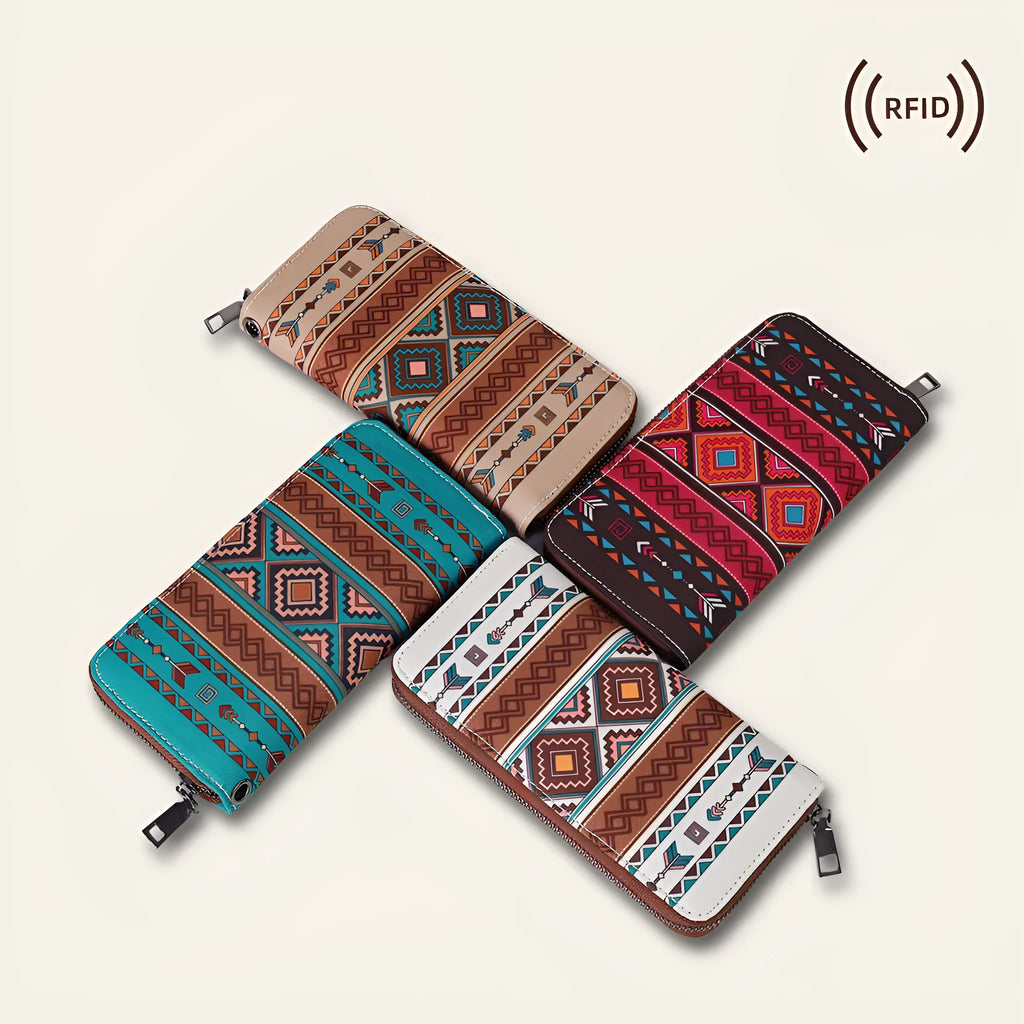 Bohemian striped canvas RFID wallet showing anti-theft function and multiple colour options