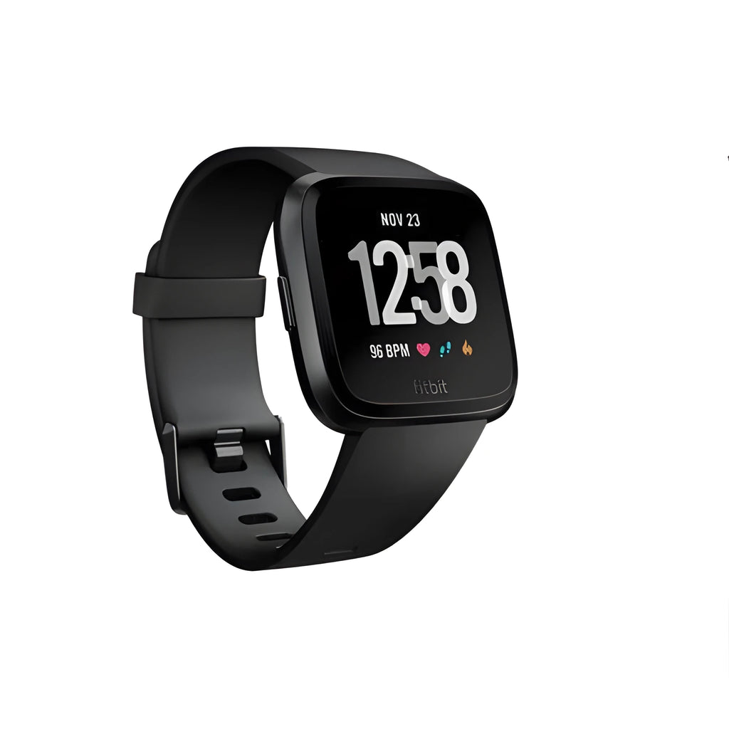 Black smart watch with heart rate monitoring on a silicone wrist strap, showing a 1.4-inch display.