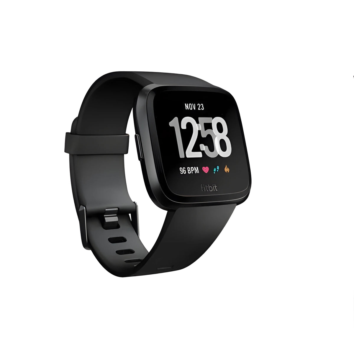 Black smart watch with heart rate monitoring on a silicone wrist strap, showing a 1.4-inch display.
