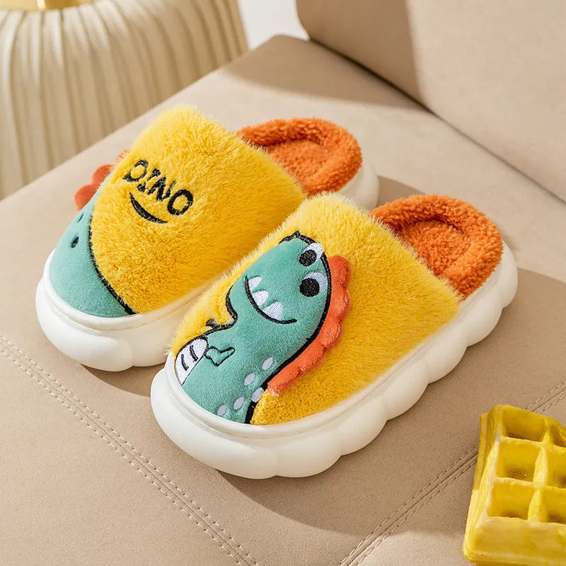Cotton plush couple slippers in dinosaur colours with thickening construction for indoor warmth