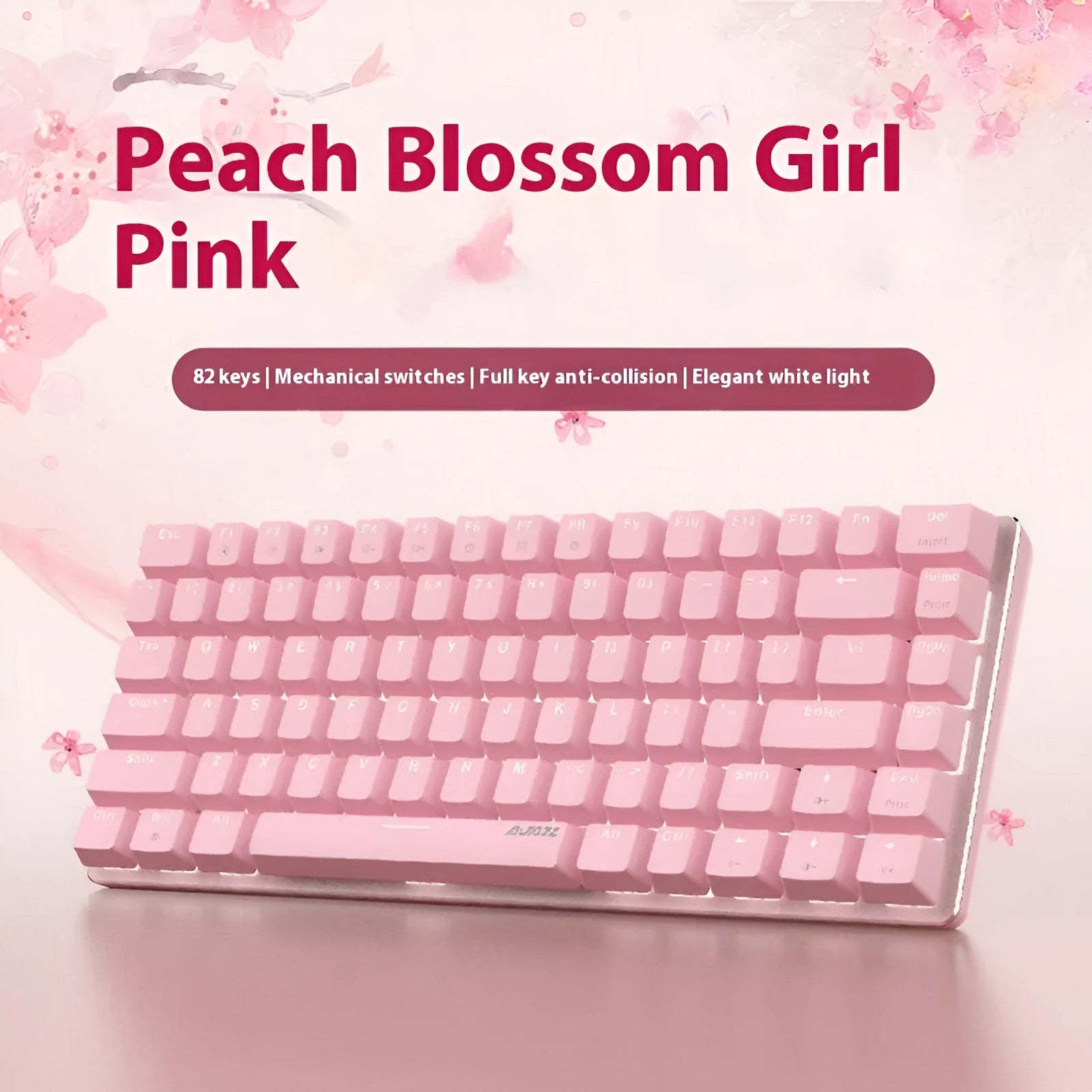Pink 82-key mechanical keyboard with white backlight illumination on keys