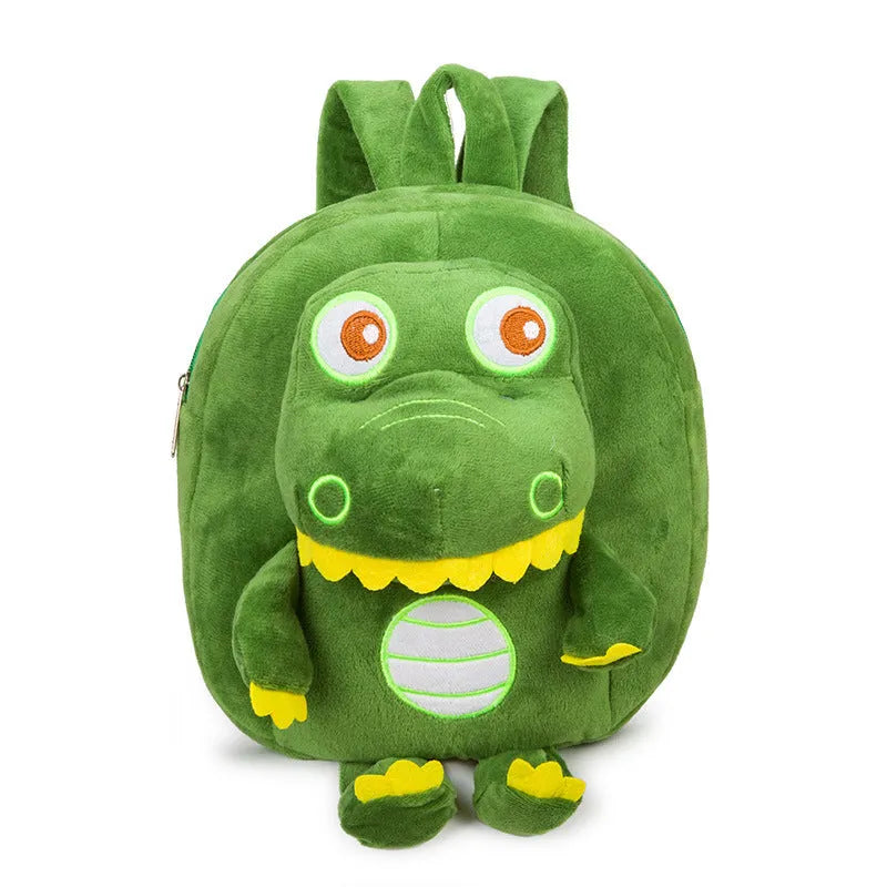 Dinosaur plush backpack for children in blue with embroidered design and soft handle