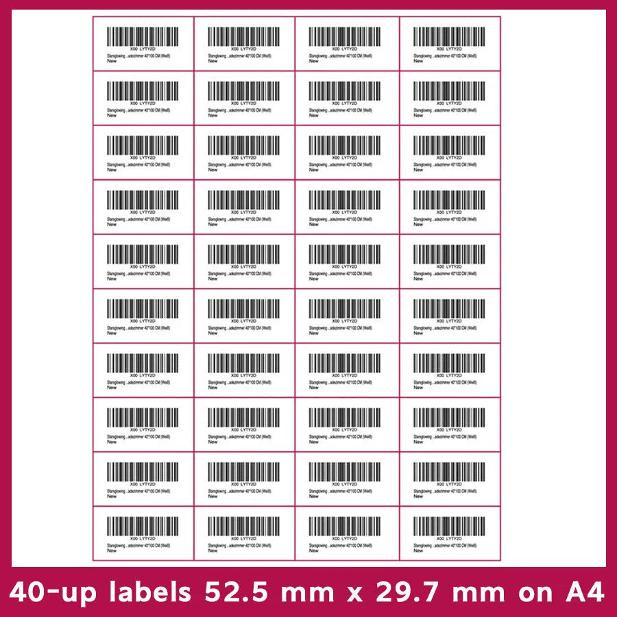 Pack of 100 pre-cut A4 FBA barcode label sheets showing multiple grid format options