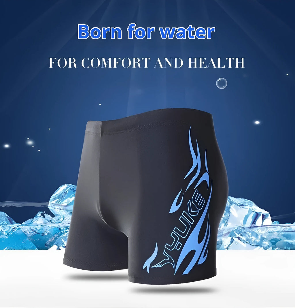 Men's plus size blue fire design boxer swimming trunks with matching swimming cap on a black background.