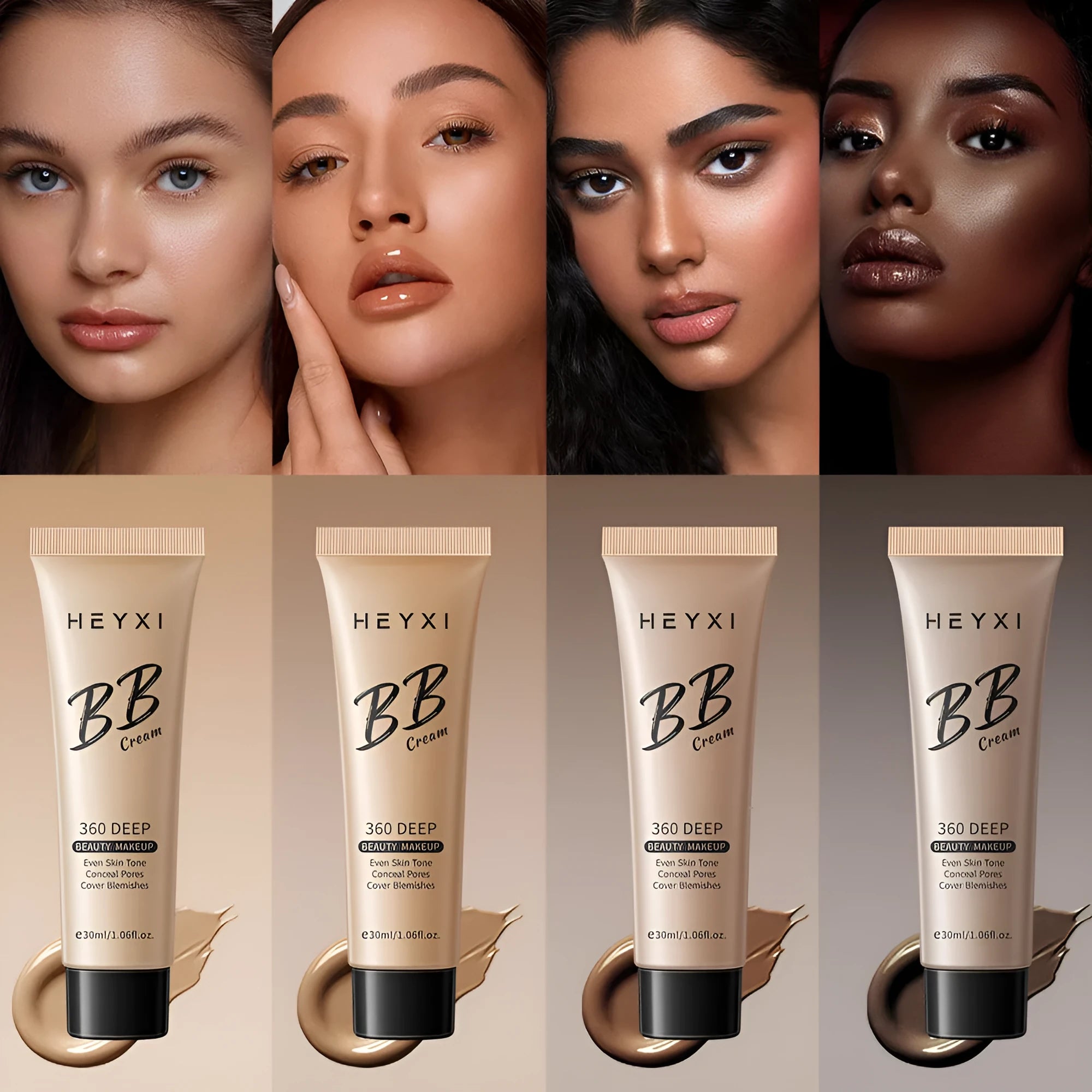 Waterproof BB cream with SPF protection in four shade options 01, 02, 03, 04
