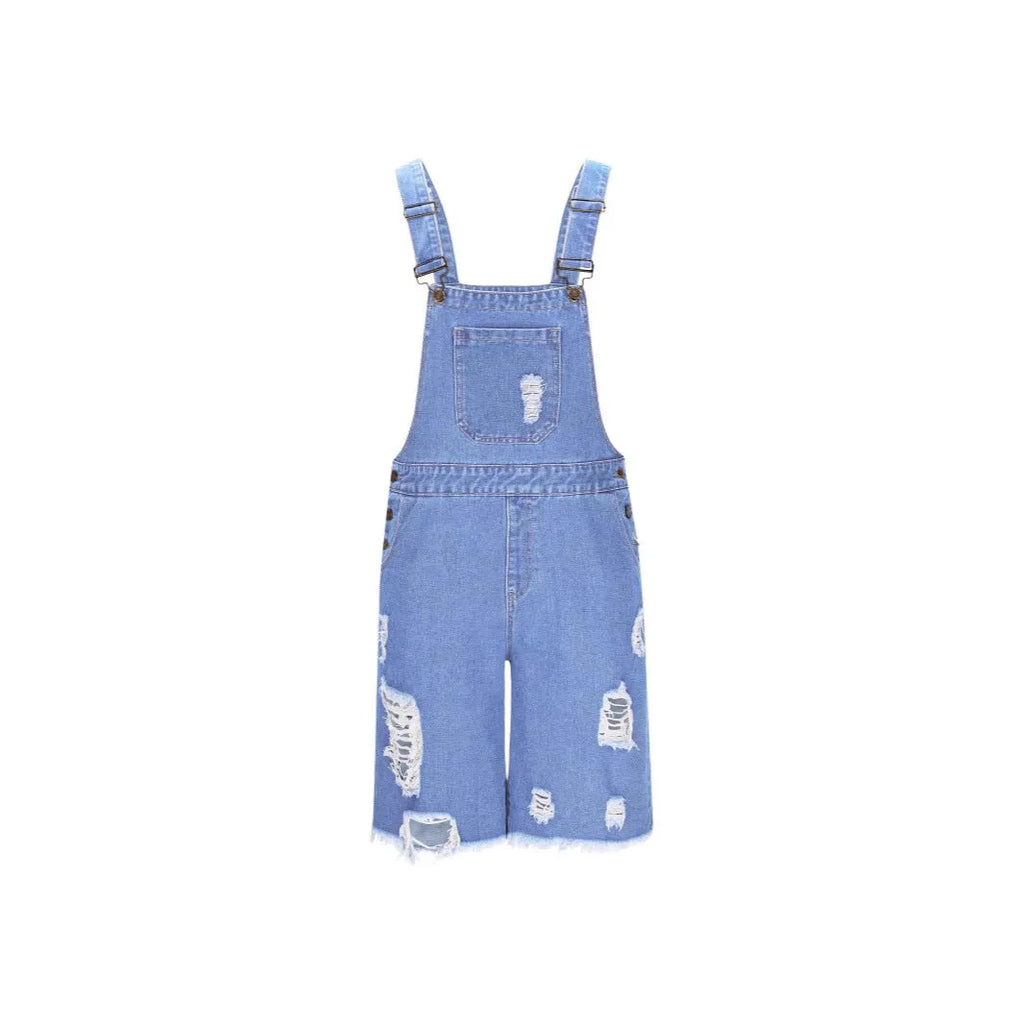 Men's ripped denim suspender shorts in dark blue with straight-leg cut