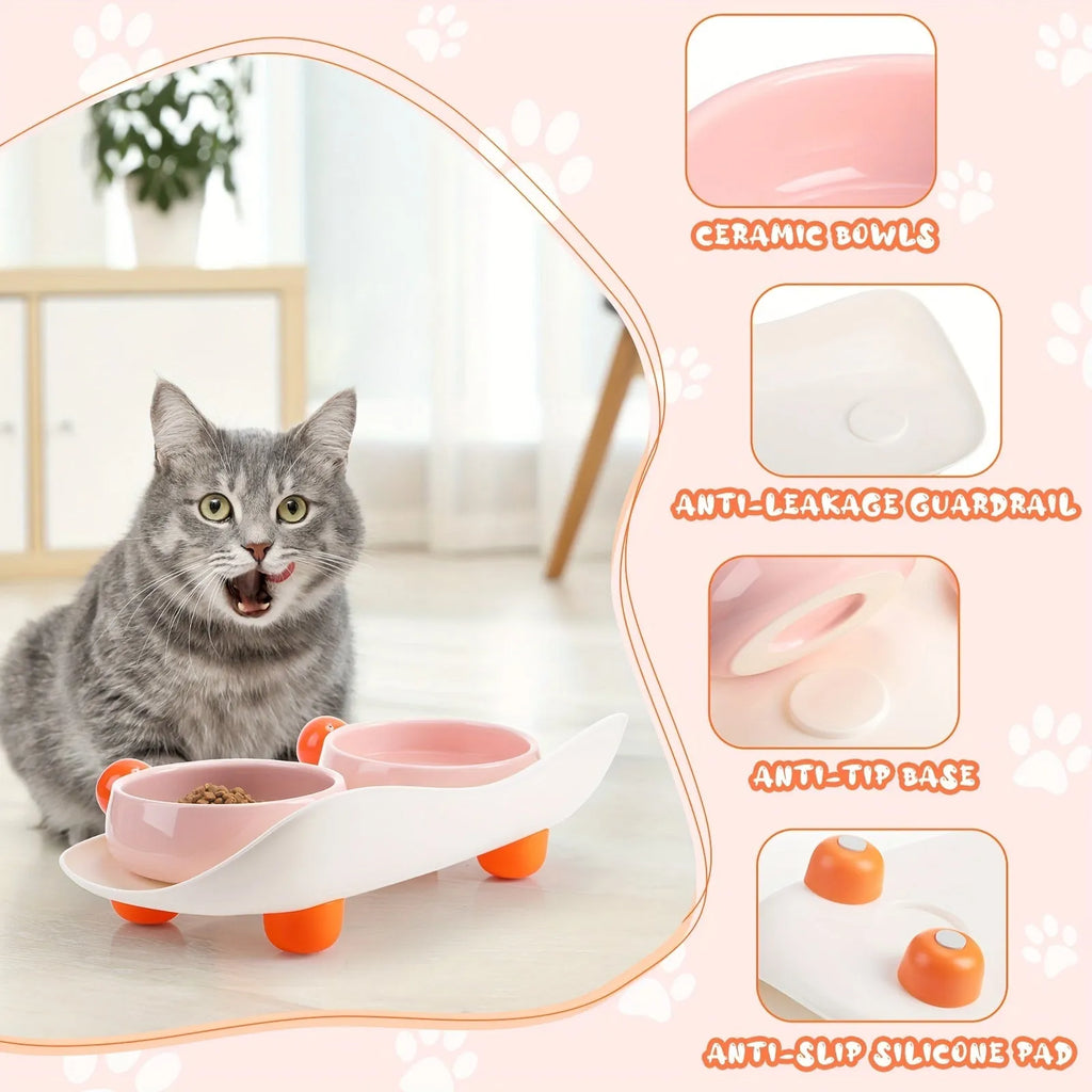 Ceramic double raised feeding bowl set for cats with non-slip support in pink, yellow, or pink yellow colour options