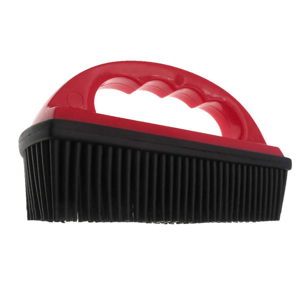 Red pet hair removal brush with ergonomic handle for grooming and massage, 160x85mm dimensions