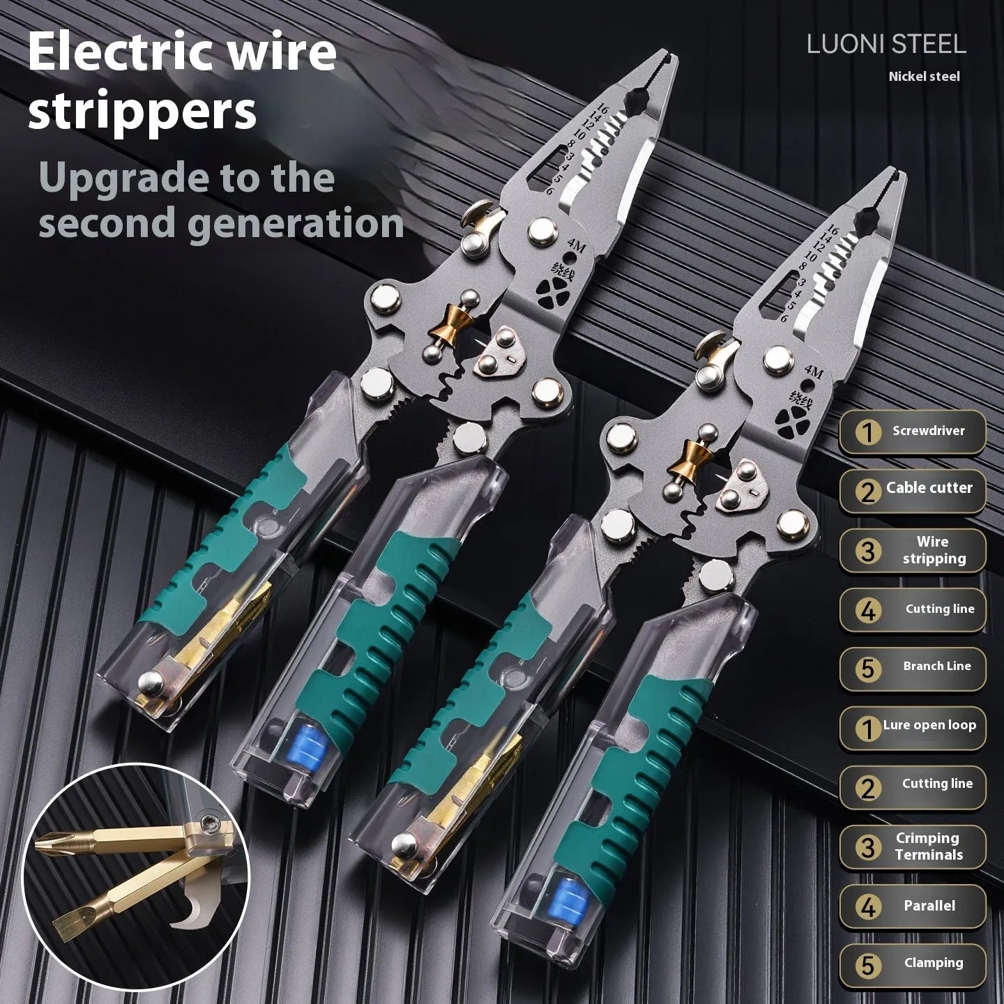 Electricians' wire stripping pliers with pointed nose and 215mm length