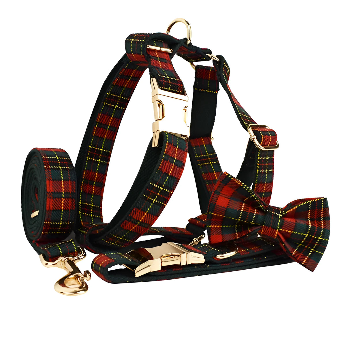 Christmas plaid pet collar and rope lead suit with green background, bow, dog vest, and optional bag