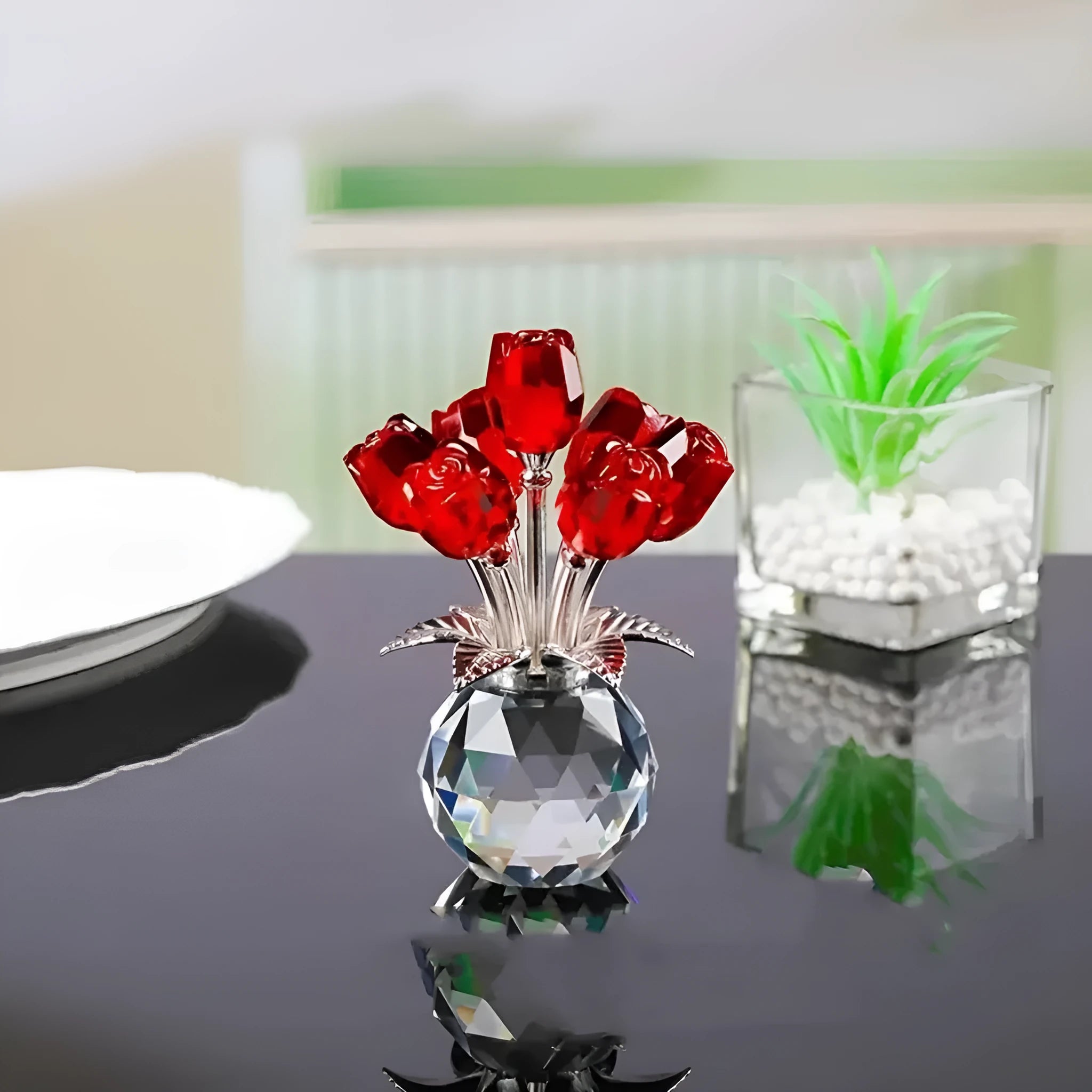 K9 crystal glass rose ornament in geometric shape with Chinese style, shown in one of seven available colours.