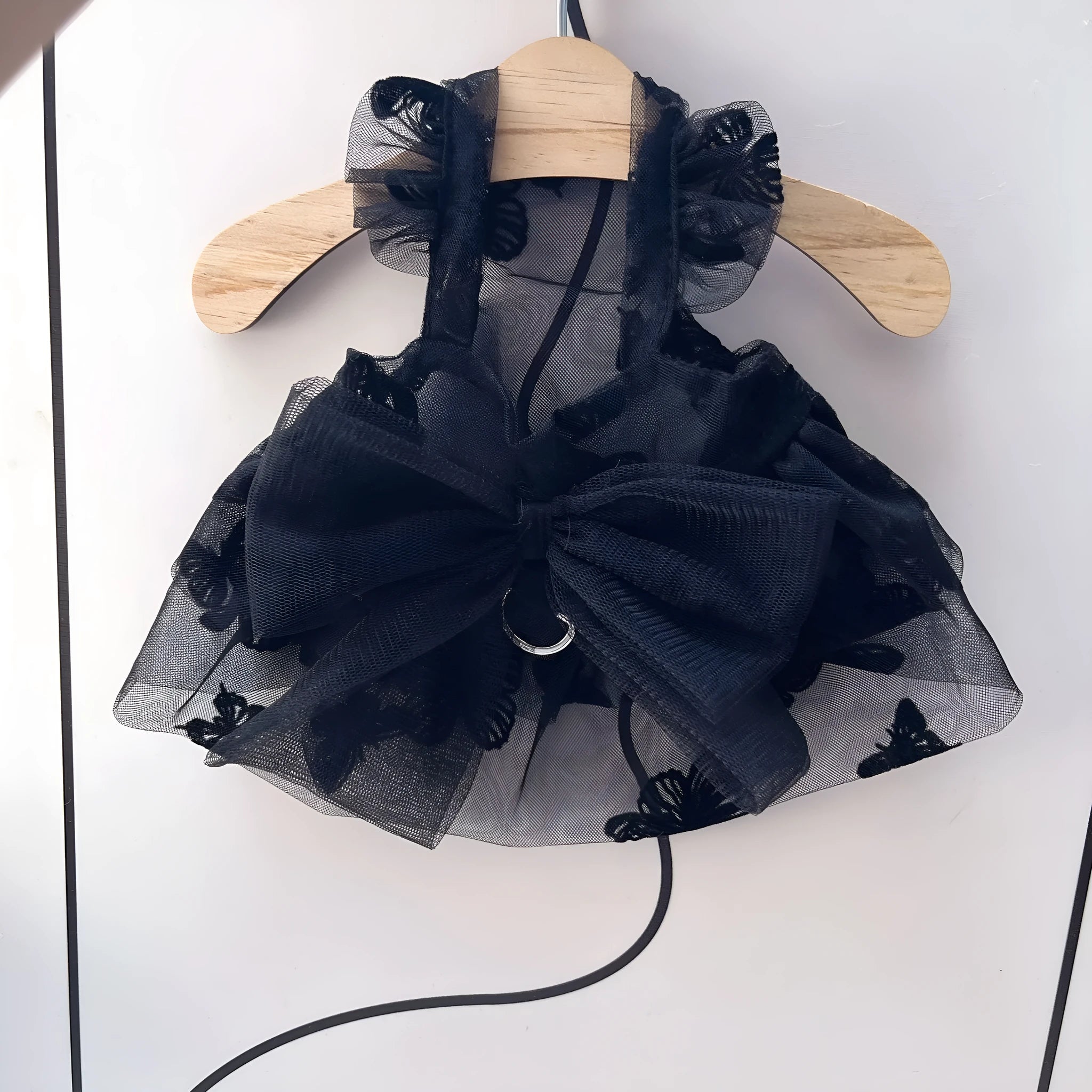 Black gauze princess tulle skirt for small dogs and cats on a mannequin showing the five available sizes