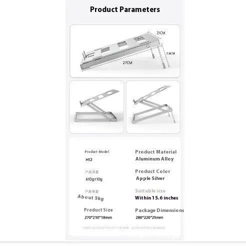 Aluminium alloy folding laptop cooling rack in silver, shown open with a notebook placed on top.