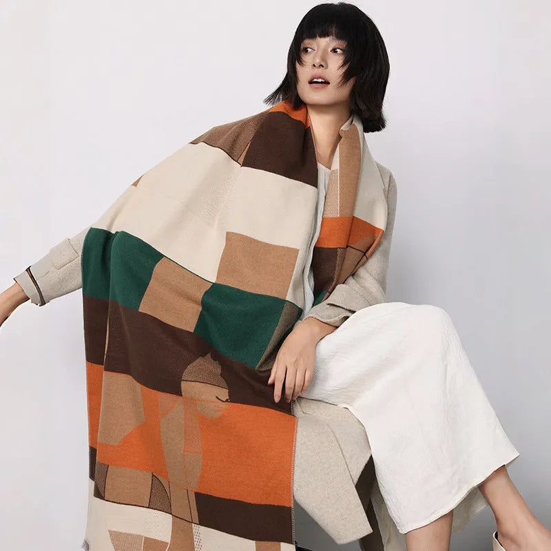 Imitation cashmere polyester scarf in beige colour, showing its 185x65cm size and texture.